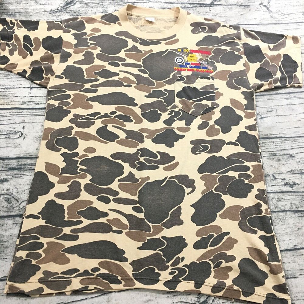 GOGO Vtg 80s Camo Shirt Hunting Wife Humor Single Stitch‎ Gun Bow Pocket Yooper